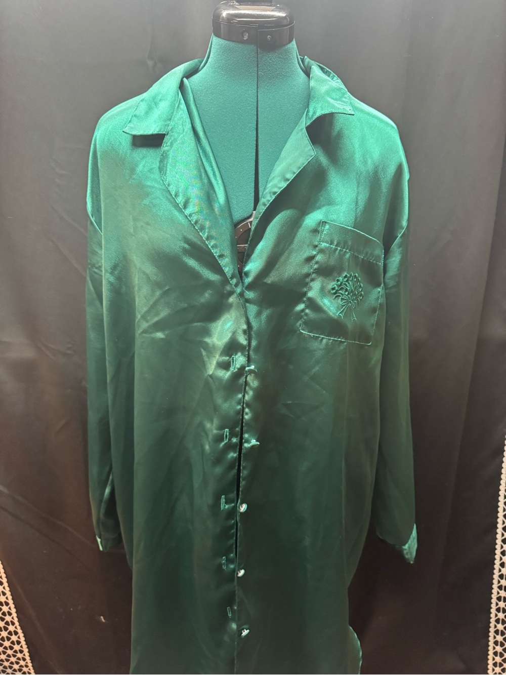 Emerald Green Satin Button-Up Women's Sleep Shirt